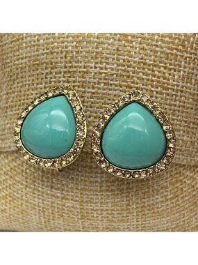 Vintage Monet Aqua & Gold Tone Teardrop Clip On Earrings Amber Glass Accents